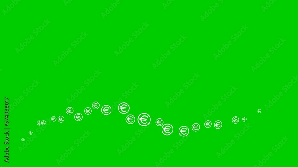 Animated white symbol of the currency Euro coins fly from left to right. A wave with flying linear coins. Concept of business, money, finance. Vector illustration isolated on the green background. Animated white symbol of the currency Euro coins fly from left to right. A wave with flying linear coins. Concept of business, money, finance. Vector illustration isolated on the green background.