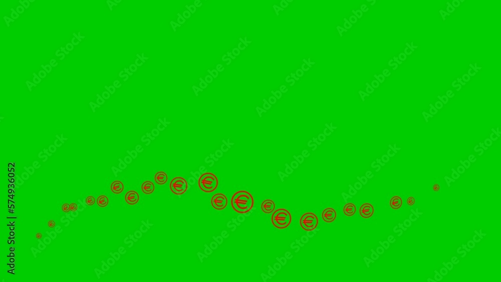 Animated red symbol of the currency Euro coins fly from left to right. A wave with flying linear coins. Concept of business, money, finance. Vector illustration isolated on the green background. Animated red symbol of the currency Euro coins fly from left to right. A wave with flying linear coins. Concept of business, money, finance. Vector illustration isolated on the green background.