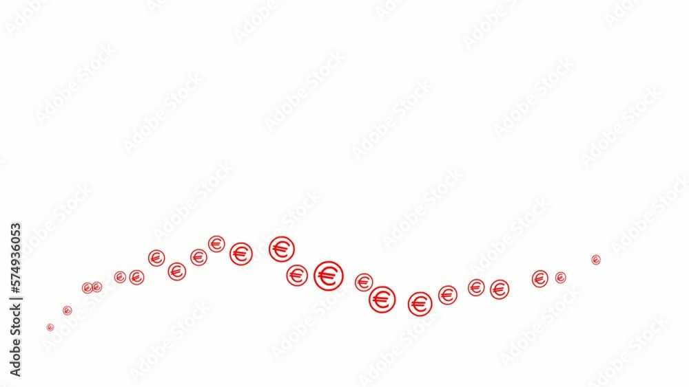 Animated red symbol of the currency Euro coins fly from left to right. A wave with flying linear coins. Concept of business, money, finance. Vector illustration isolated on the white background. Animated red symbol of the currency Euro coins fly from left to right. A wave with flying linear coins. Concept of business, money, finance. Vector illustration isolated on the white background.