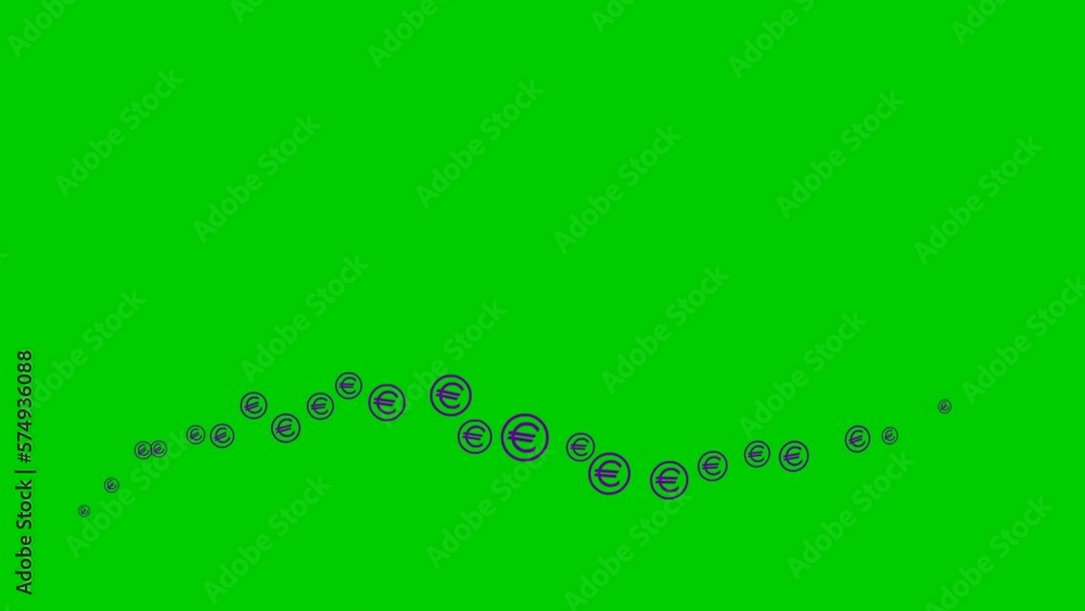 Animated violet symbol of the currency Euro coins fly from left to right. A wave with flying linear coins. Concept of business, money, finance. Vector illustration isolated on the green background. Animated violet symbol of the currency Euro coins fly from left to right. A wave with flying linear coins. Concept of business, money, finance. Vector illustration isolated on the green background.