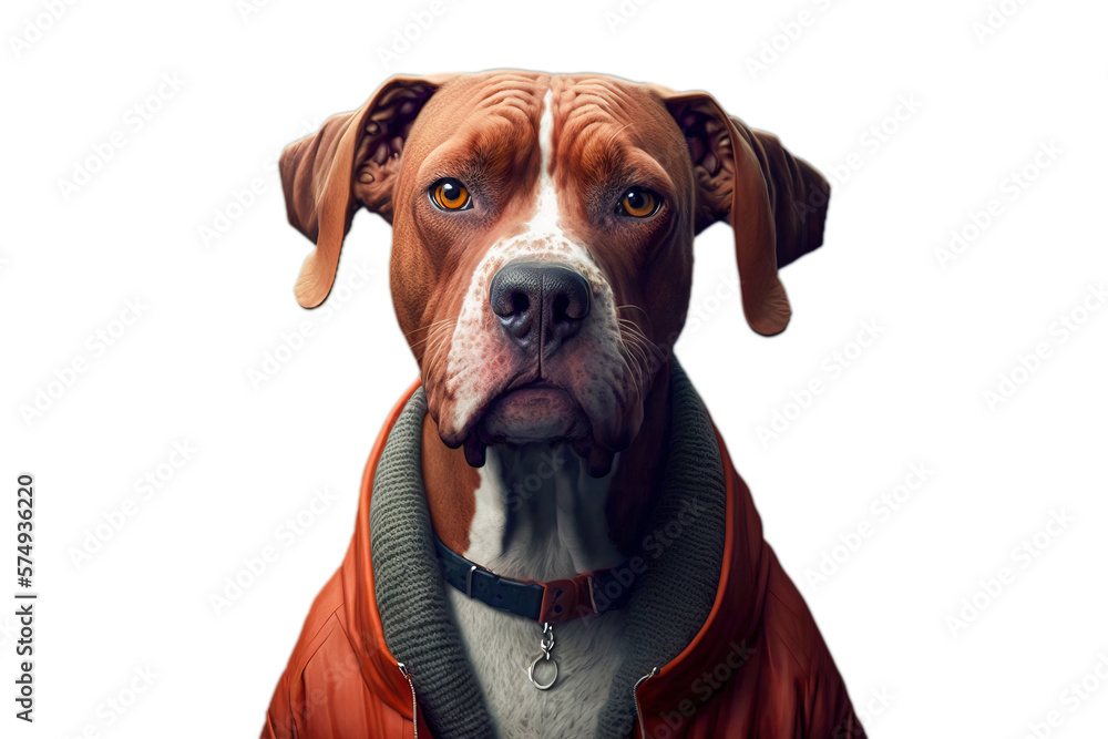 Obraz premium Dog wearing a fashion clothes and accessory isolated on transparent background. Pet portrait in clothing. PNG. Digital ai art
