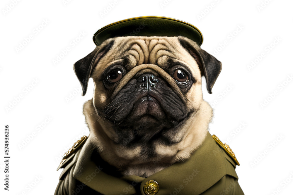 Pug dog wearing a military uniform. Dog isolated on transparent background. Pet portrait in clothing. Dog fashion. Digital ai art