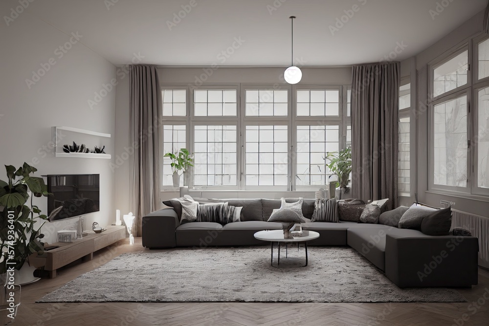 Fototapeta premium Stylish scandinavian living room with design mint sofa, furnitures, mock up poster map, plants and elegant personal accessories. Modern home decor. Bright and sunny room. Generative AI illustration.