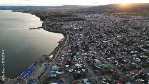 Aerial View Above Punta Arenas Port City, Patagonia in Chile, South America, Urban Patagonian Region Landscape, Strait of Magellan Coastline photo