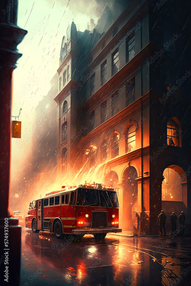 Obraz premium fireman,fire truck, building in fire. ai generative