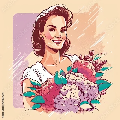 Smiling attractive woman holding flower bouquet and looking at camera. Present for birthday  Mother  s day  or other celebration. Generative AI