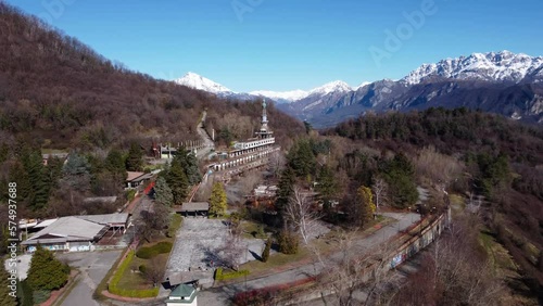 Aerial View Over Consonno Ghost Town In The Olginate Municipality Of The Province of Lecco. Circle Dolly, Establishing Shot photo