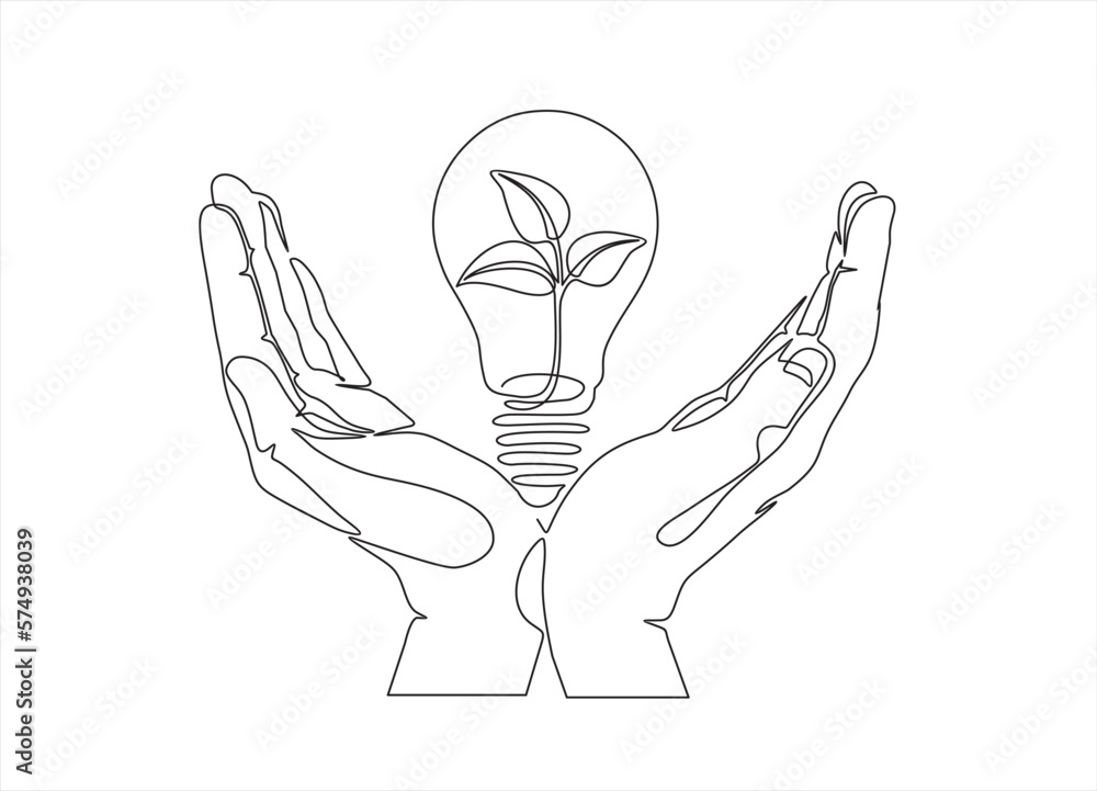 Single continuous line of hands holding plant inside Lightbulb in one line drawing. Concept of Eco energy and environmental friendly sources. Can used for logo, emblem, slide show and banner. Single continuous line of hands holding plant inside Lightbulb in one line drawing. Concept of Eco energy and environmental friendly sources. Can used for logo, emblem, slide show and banner.