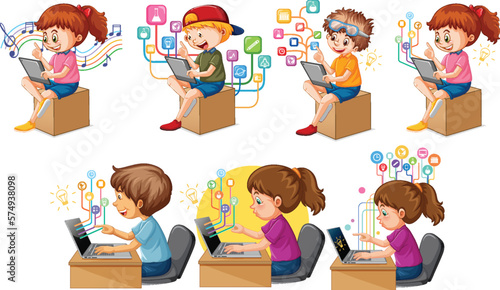 Cartoon Kids Using Laptops for Online Learning