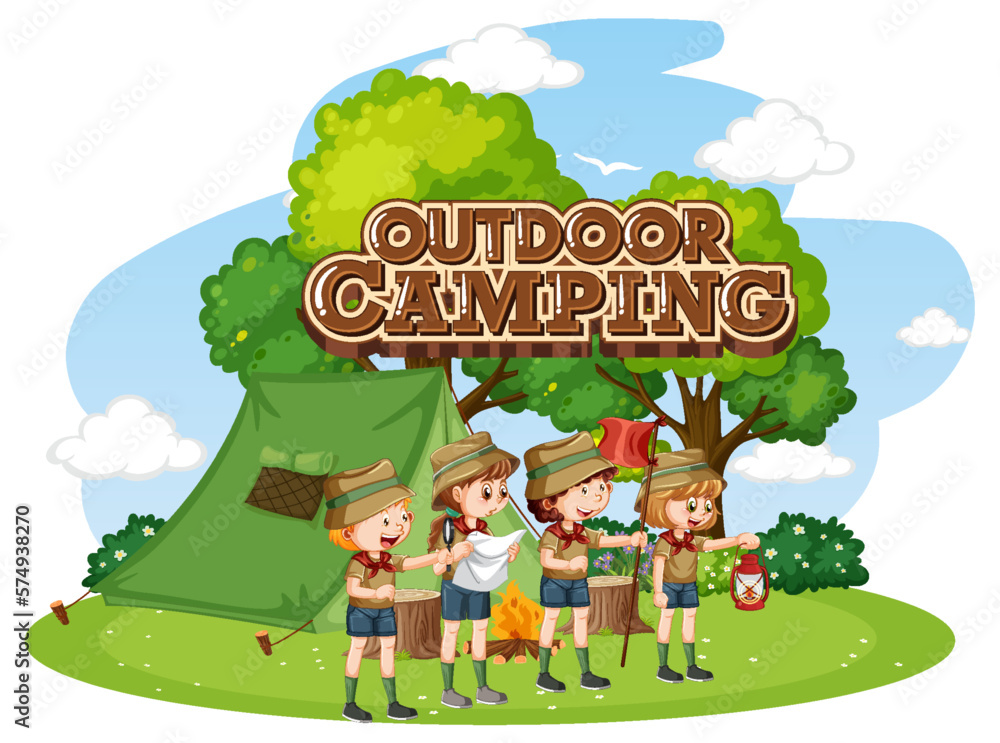 Naklejka premium Outdoor camping with scout kids