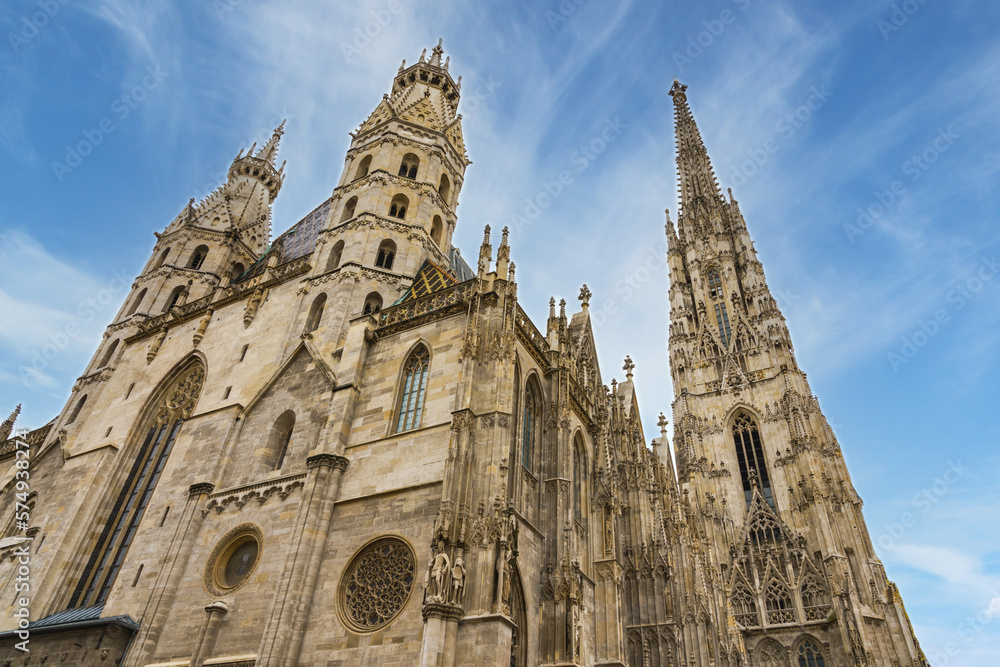 Saint Stephen’s cathedral against blue sky on central square in Vienna, Austria. Landmark of the city.