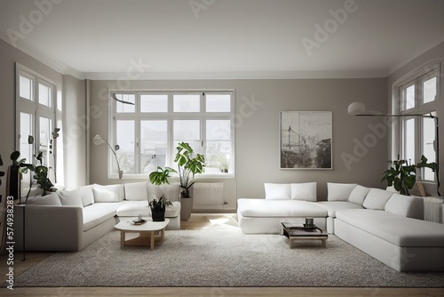 Stylish scandinavian living room with design mint sofa, furnitures, mock up poster map, plants and elegant personal accessories. Modern home decor. Bright and sunny room. Generative AI illustration.