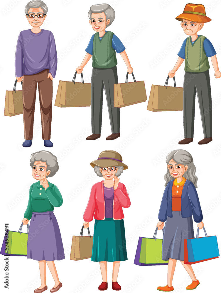 Elderly People Carrying Shopping Set