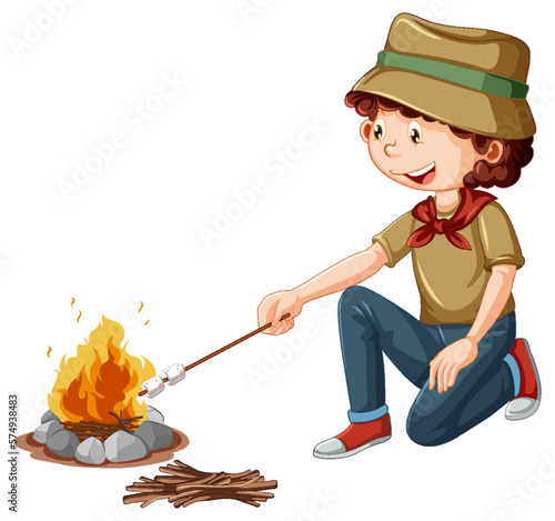Scout boy roasting marshmallow
