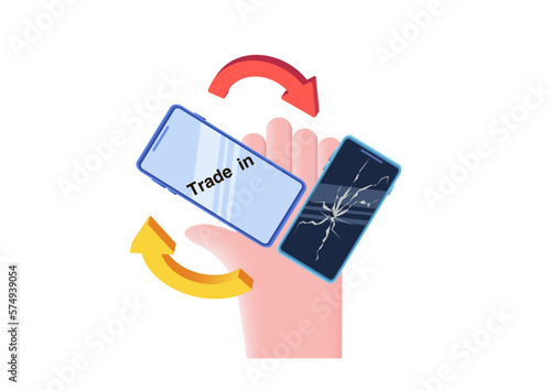 The hand is holding a new smartphone.
A good deal. Exchange of an old device for a new one,
a leaflet, a banner. Vector illustration, 3d.
