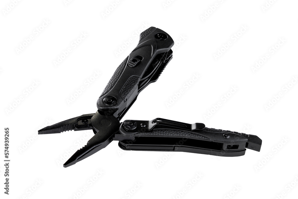 Obraz premium black opened multitool isolated on white background