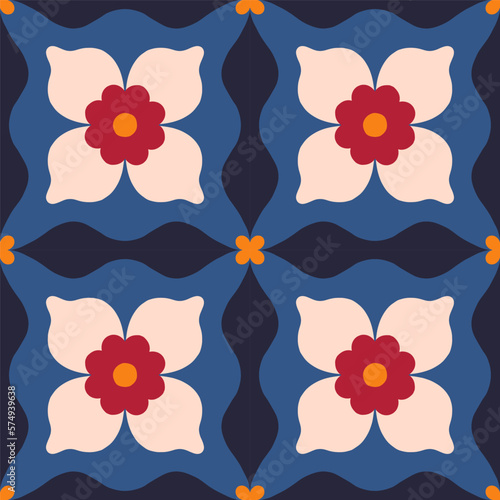 Simple floral tiled pattern. Vector seamless texture with symmetrical flowers and geometrical shapes. Beautiful background in retro style