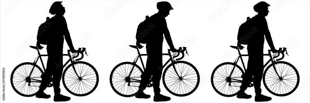 Fototapeta premium A man in a sports protective helmet and with a backpack on his back walks with a bicycle. The guys on a bike ride walk one after another. Side view. Three silhouettes, black color isolated on white
