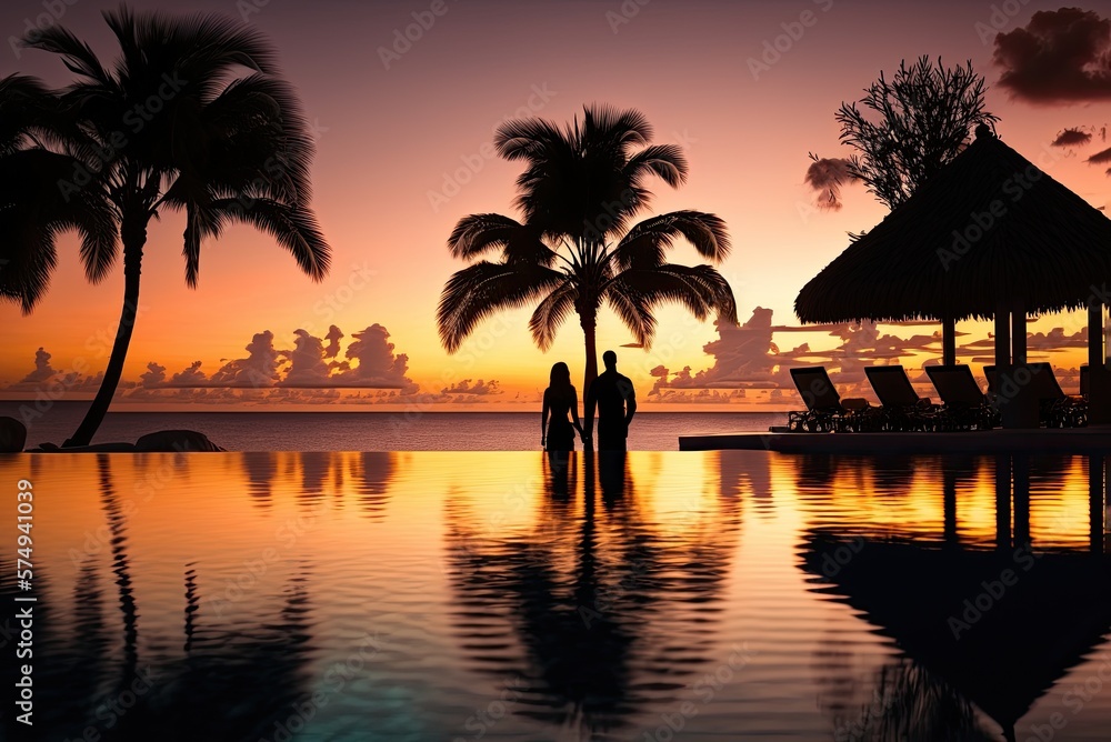 Obraz premium Rear view silhouette of a couple in love on vacation, enjoying in the infinity pool view of the sky at sunset. AI generative