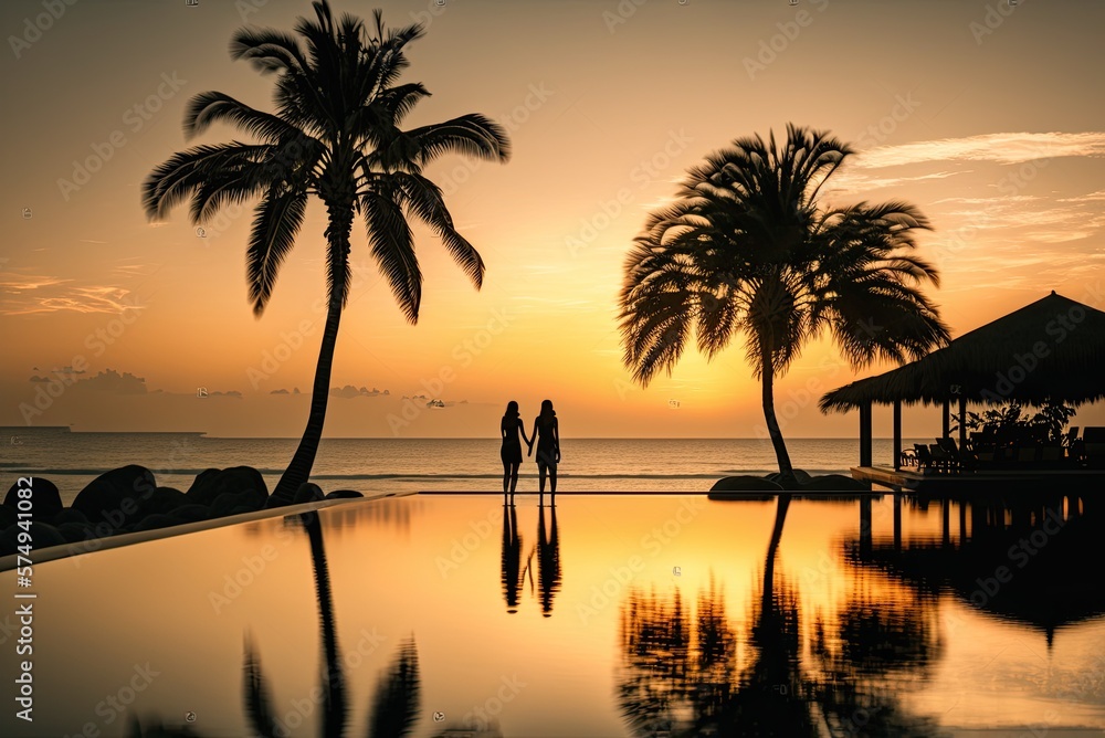 Rear view silhouette of a couple in love on vacation, enjoying in the infinity pool view of the sky at sunset. AI generative