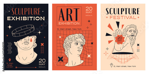 Set of posters with Greek statues. Template of flyers for an exhibition of contemporary art. Editable stroke, vector illustration
