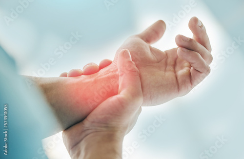 Hands, fitness injury and wrist pain after accident, workout or training exercise. Sports, health and athlete man with fibromyalgia, inflammation or painful arthritis, tendinitis or carpal tunnel. photo