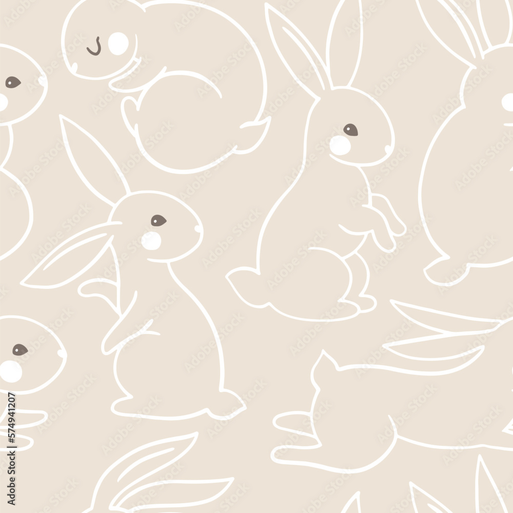 Trendy minimalistic seamless pattern with rabbits. Sketch line ...