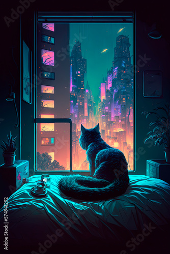 Cat sitting on a bed in front of a window. Cyberpunk. Generative AI