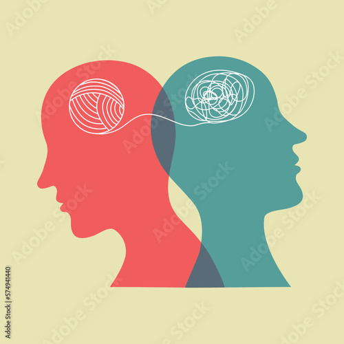 Vector illustration of two men's heads silhouettes with brain in form of entangled yarn thread. Mental health psychology anxiety depression creativity concept