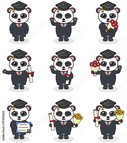 Cute cartoon Panda in graduate hat on white background. Vector Set of Cute Graduation Themed Panda . Illustration symbol mascot character animal. Design flat cartoon.
