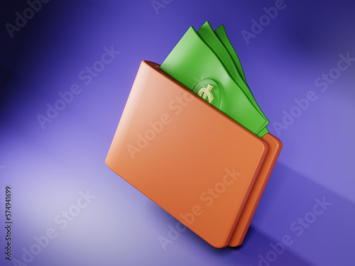 Wallet with dollar bill into wallet 3d render purple background.
Save dollarc