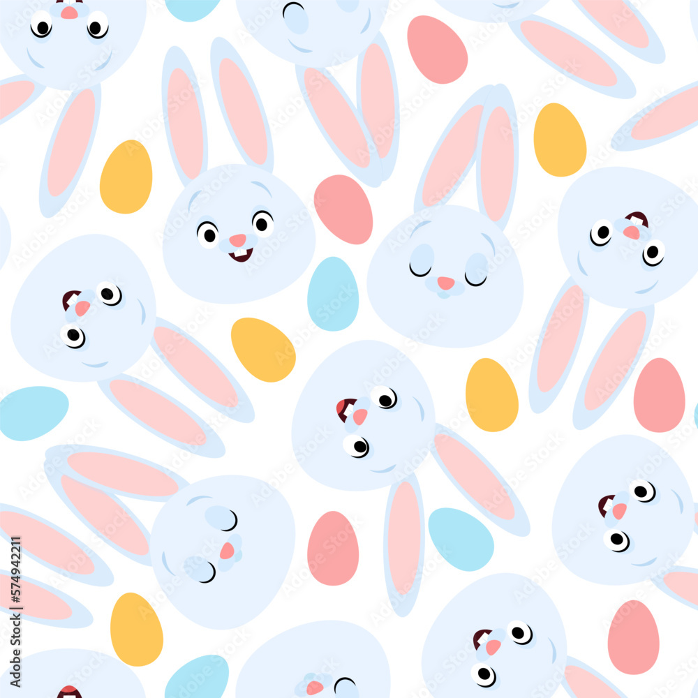 Seamless pattern Easter blue bunnies and colorful eggs Seamless pattern Easter blue bunnies and colorful eggs
