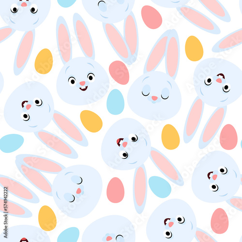 Fototapeta Naklejka Na Ścianę i Meble -  Seamless pattern Easter blue bunnies and colorful eggs