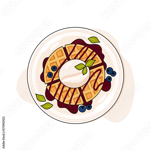 Belgian waffles on a plate. Vector illustration in doodle style. Healthy eating, cooking, breakfast menu, dessert, recipes. Perfect for banner, website, poster, menu.