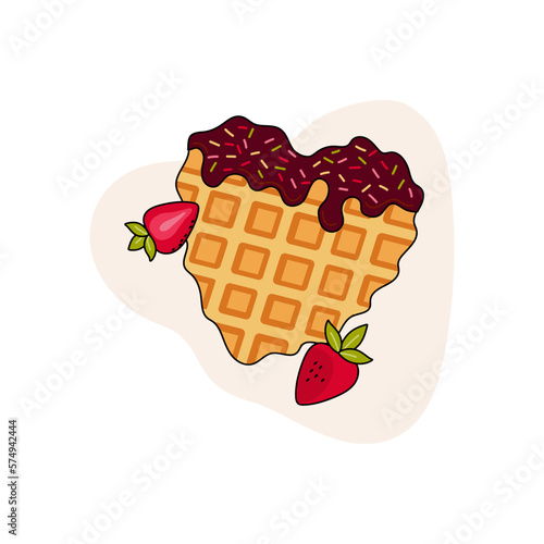 Belgian waffles heart shape with chocolate topping. Vector illustration. Healthy eating, cooking, breakfast menu, dessert, recipes. Perfect for banner, website, poster, menu.