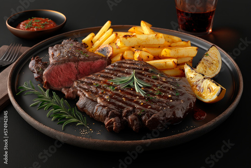 Delicious freshly cooked steak with garnish and french fries. Generative AI