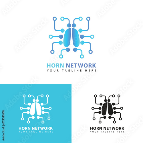 Horn beetle insect logo abstract template with web. Linear style insect sign.