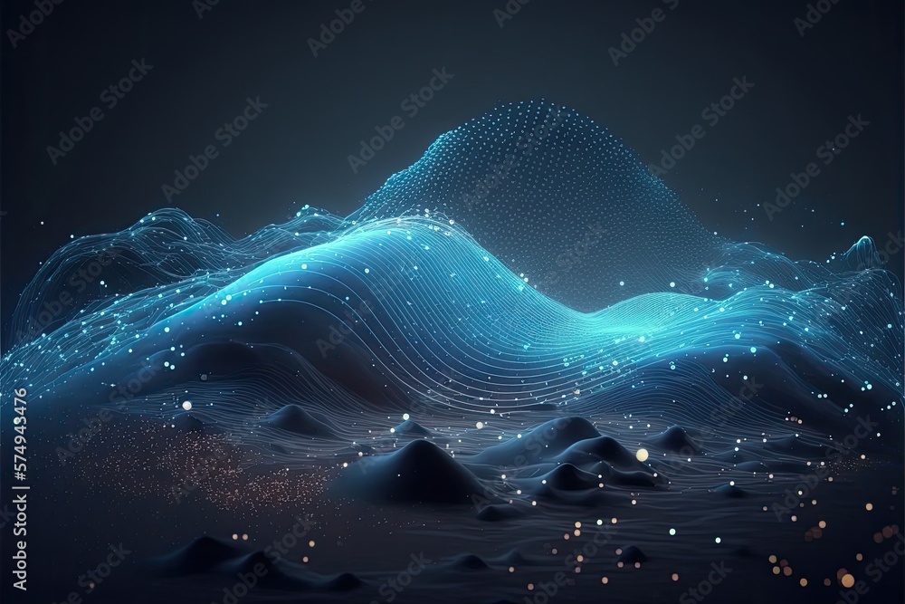 Futuristic big data visualization wave connecting neural network and moving on earth.Generative AI - obrazy, fototapety, plakaty 