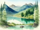 Summer landscape with mountain and lake views, digital watercolor painting, Generative AI