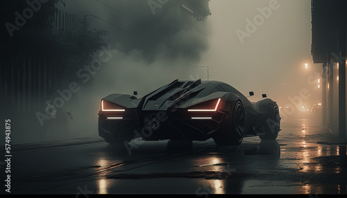 Hypercar concept on a wet asphalt road covered in fog. Concept vehicle created with Generative AI