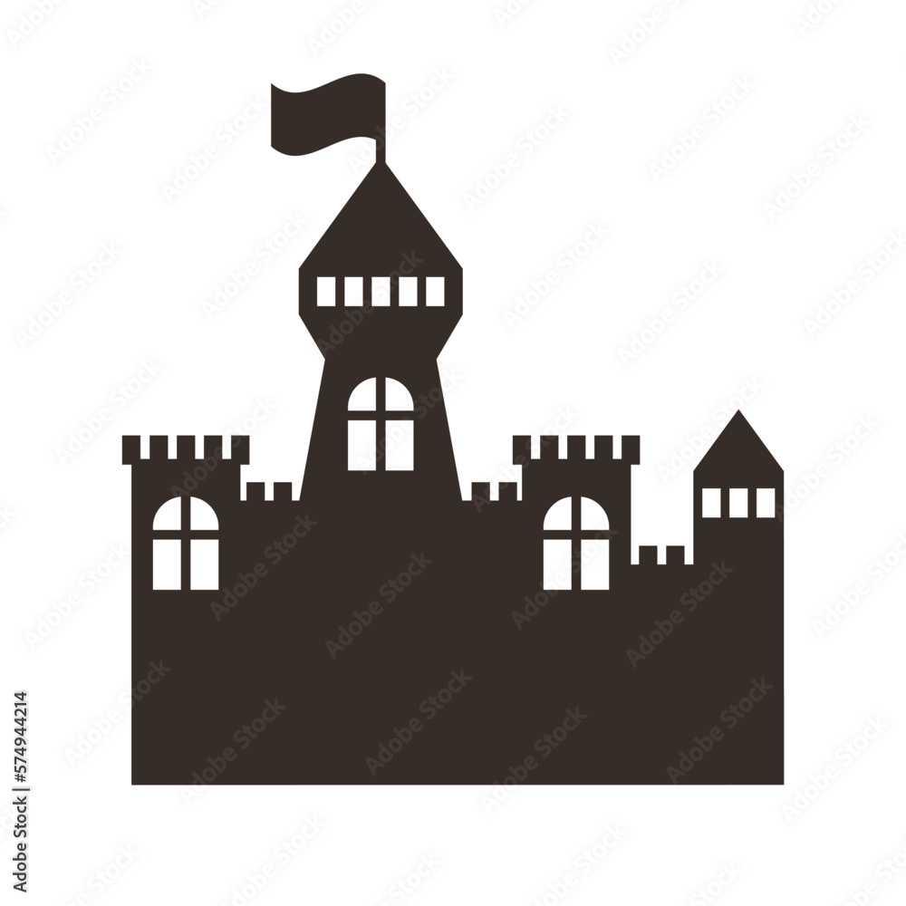 Fairy tale castle silhouette with flag, windows and towers