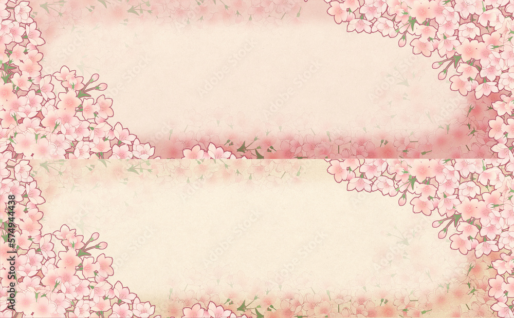レトロな満開の桜 横長フレーム -桃・うす茶-
