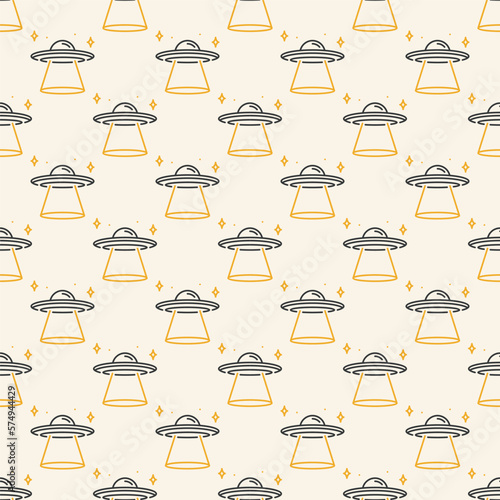 Alien Spaceship vector UFO Invasion outline colored seamless pattern