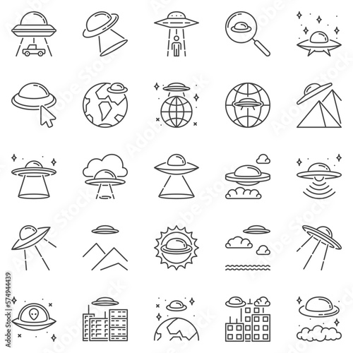 UFO Outline icons set - Unidentified Flying Object linear vector symbols
