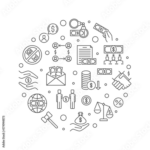 Corruption and Bribery outline circular banner. Vector linear illustration