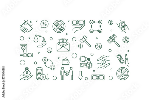 Corruption and Bribery vector line horizontal banner. Money and Bribe illustration