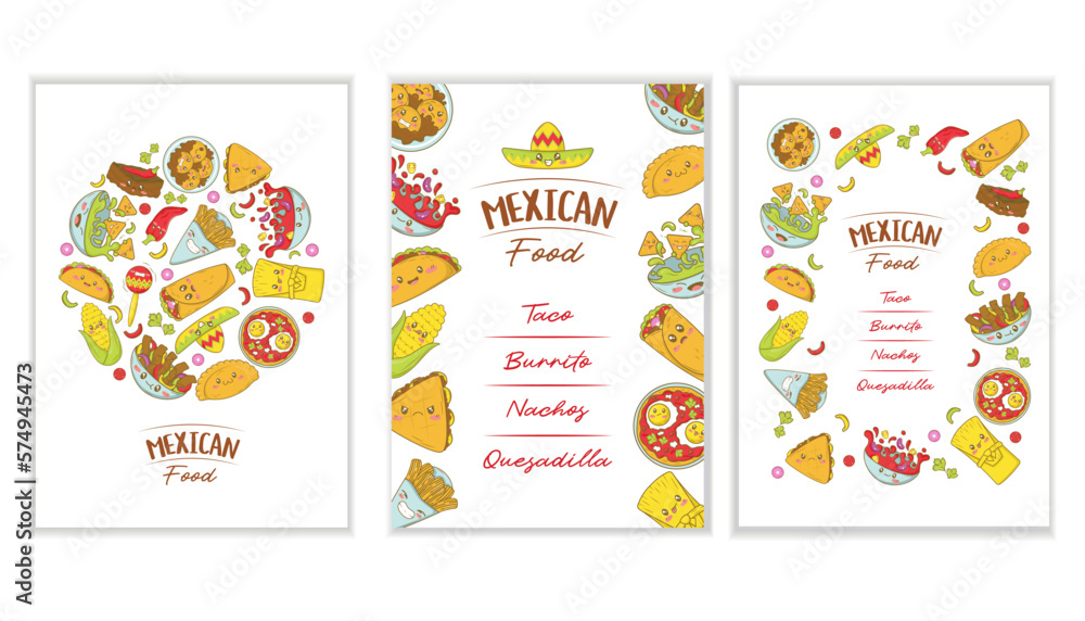 Set of Mexican fast food menu template with kawaii food in cartoon doodle style Poster for food fair and fisteval