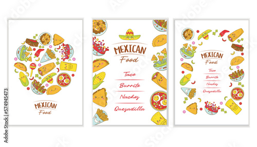 Set of Mexican fast food menu template with kawaii food in cartoon doodle style Poster for food fair and fisteval