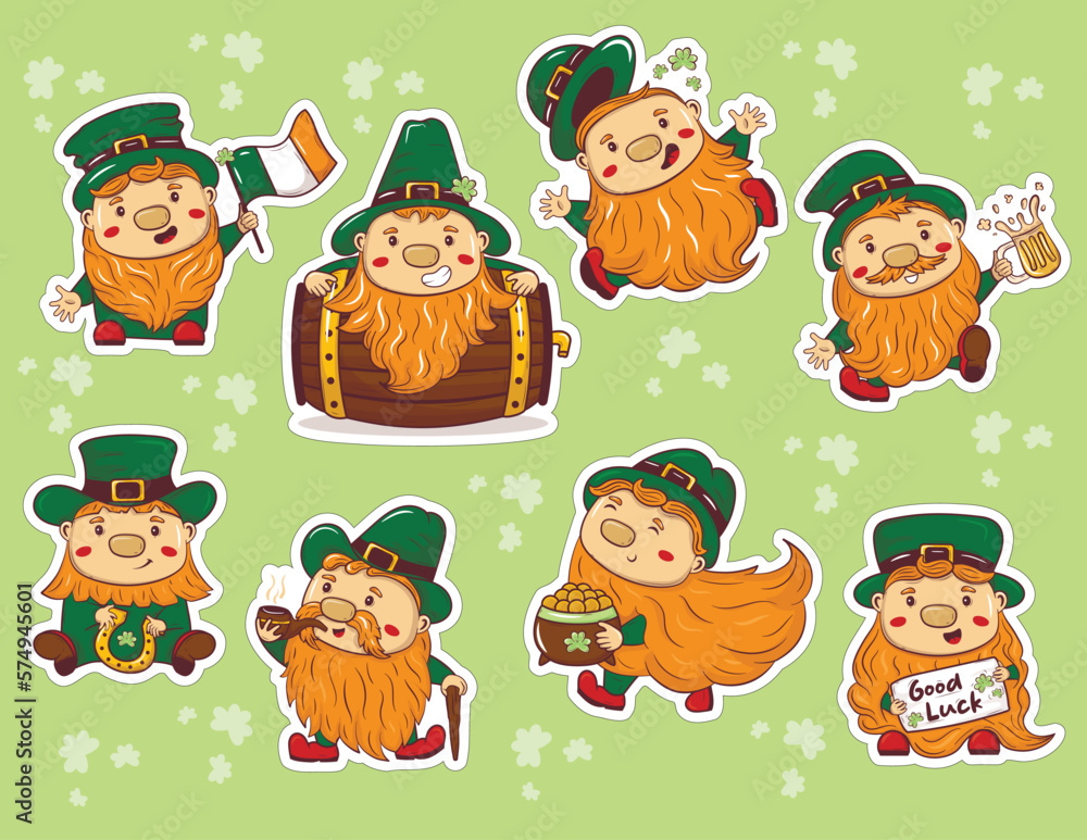 Fototapeta premium Bundle of stickers with Cartoon doodle saint patrick red-bearded gnomes