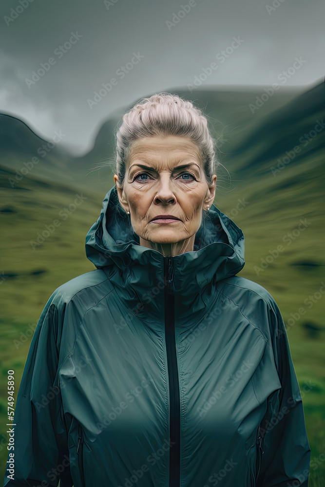 AI generated portrait of middle aged woman wearing tracksuit against montainian landscape